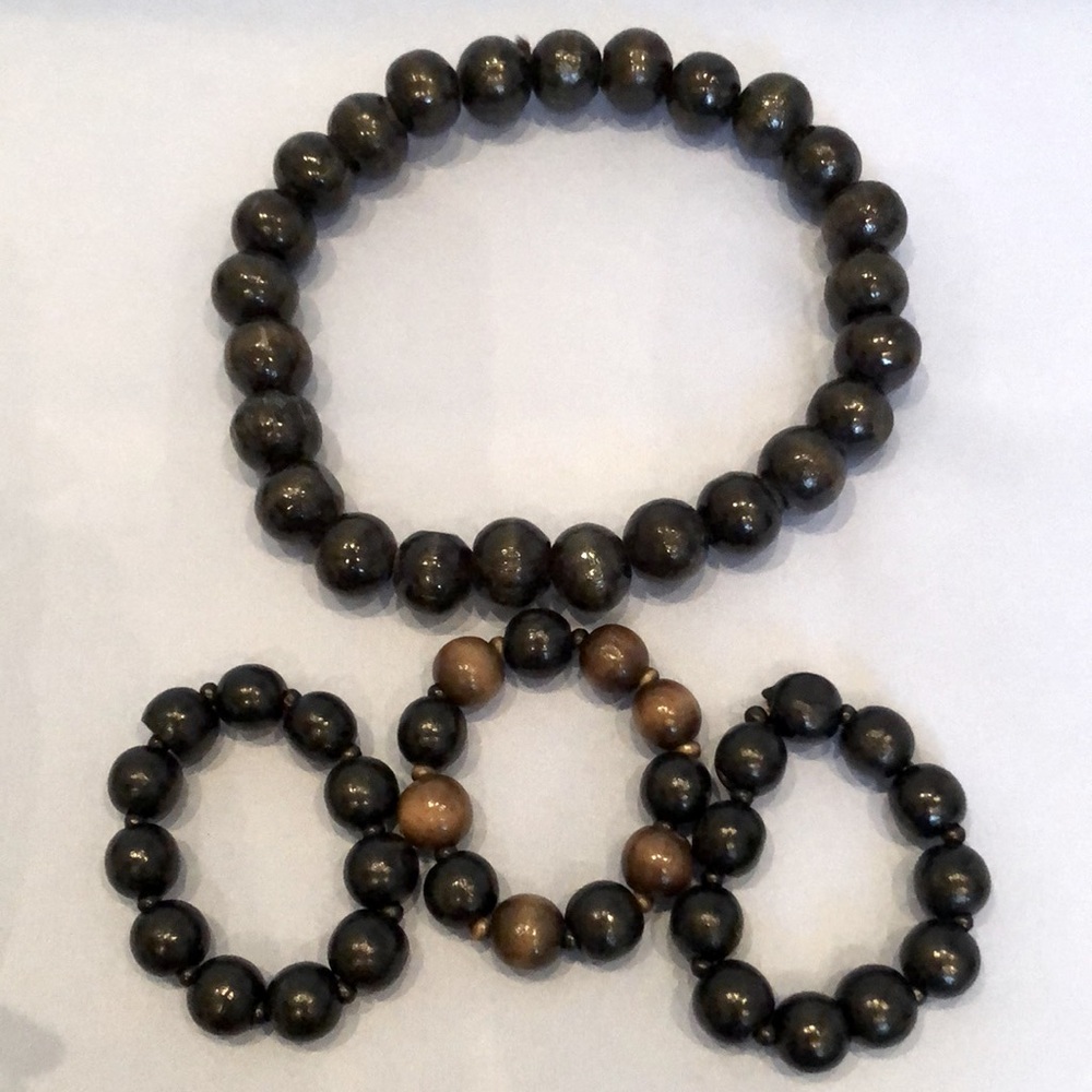 Wooden Black Beaded Choker Necklace & Bracelets